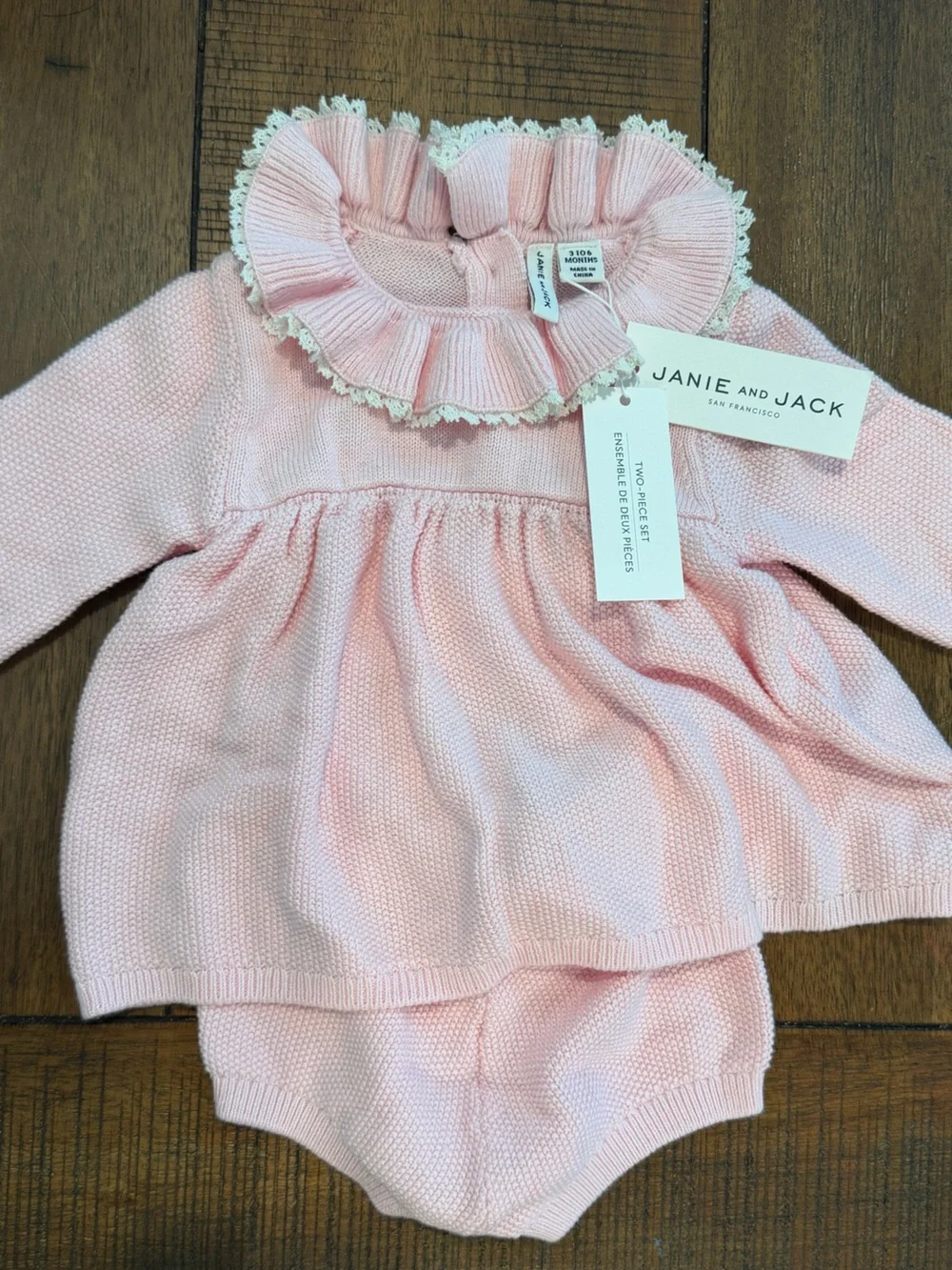 NWT - Janie and Jack Pink Knit Ruffle Collar Baby Dress & Bloomers